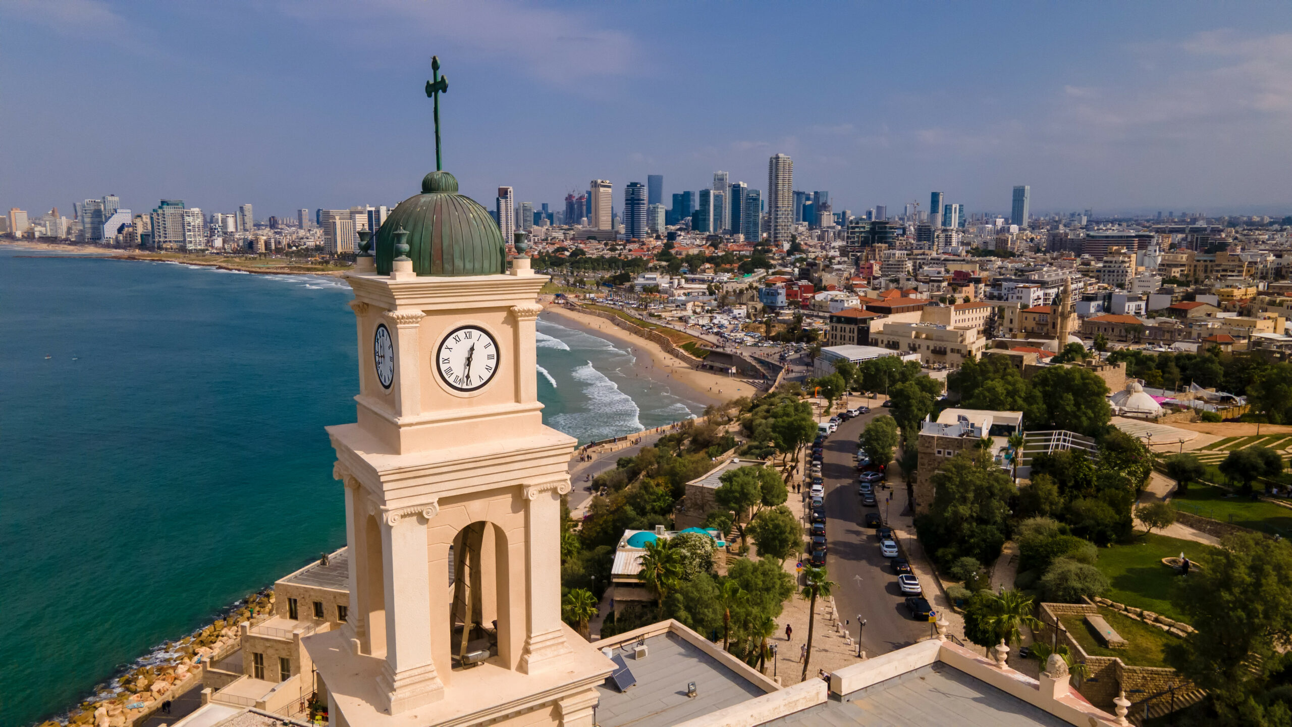 Belltower, Jaffa, Tel Aviv, Israel, Aerial view. Modern city with skyscrapers and the old city. Bird's eye view